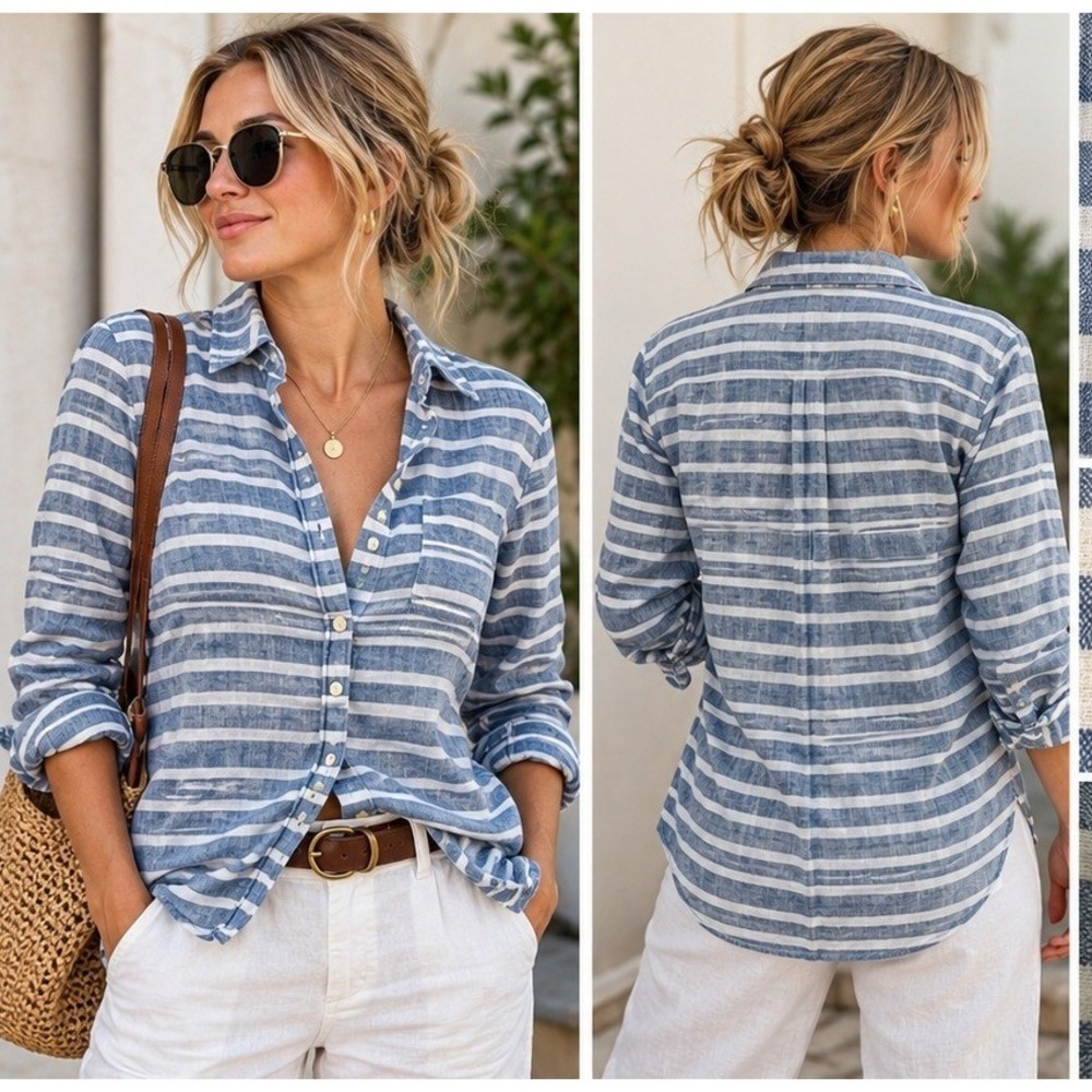 J.Crew Button Down Women S Coastal Preppy Blue White Striped Cotton Shirt C3533